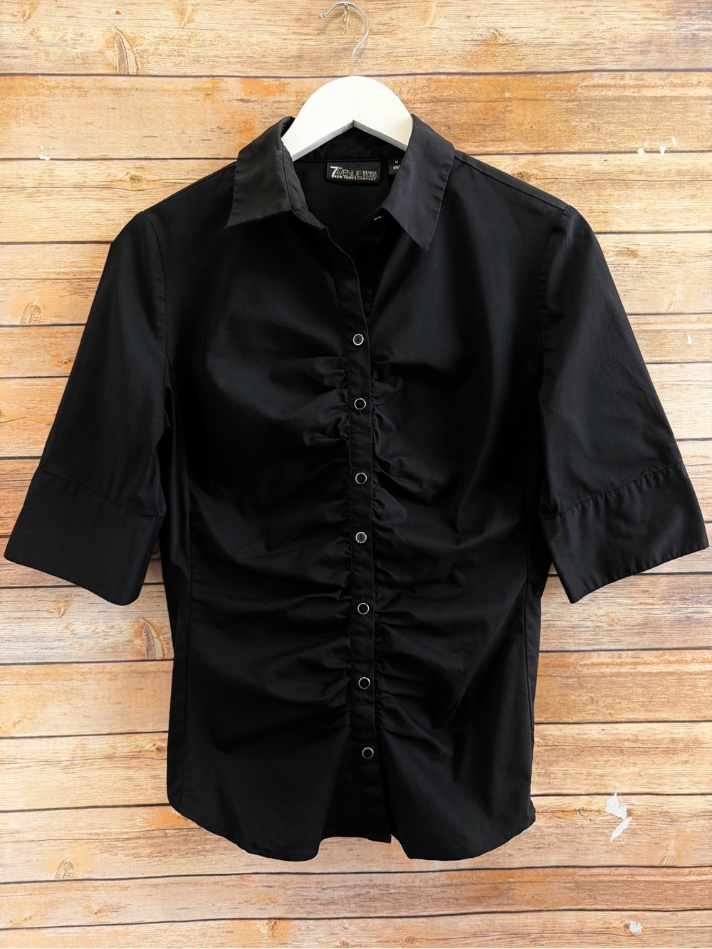 New York & Company Black Ruched Button Front 3/4 Sleeve Shirt Size Medium